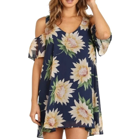 Show Me Your Mumu Birdie Ruffle Dress Womens XS Small Navy Blue Sunflower Mini - Picture 10 of 11